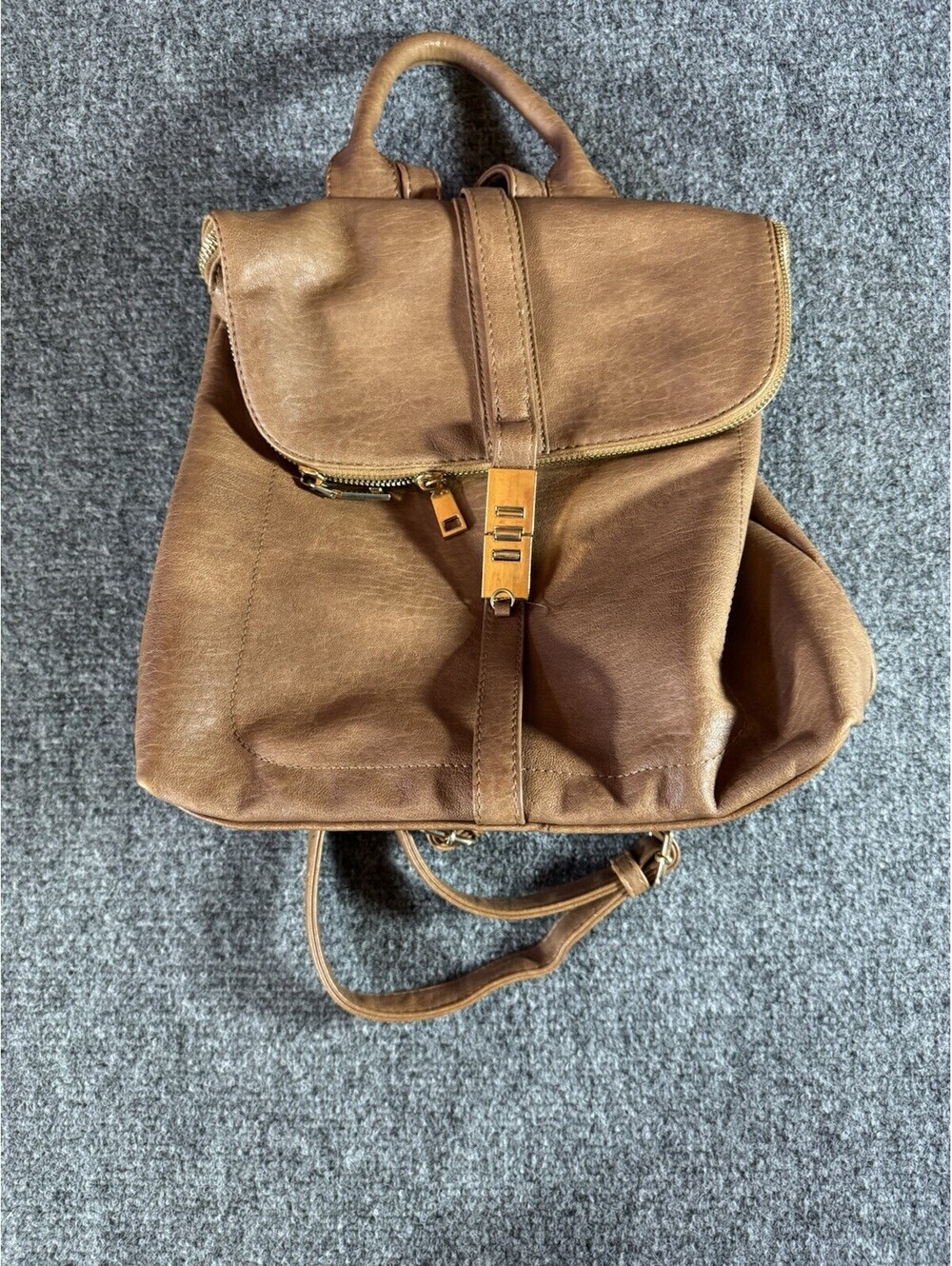 Miztique Womens Brown Solid Faux Leather Backpack Handbag Purse Medium Gold